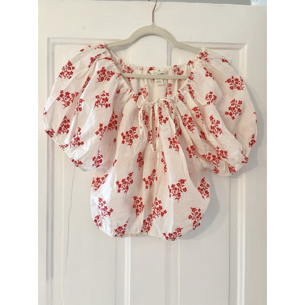 H&M Womens White Linen Blend Blouse Red Floral Puff Sleeve Cropped Peasant Sz S - Picture 2 of 8